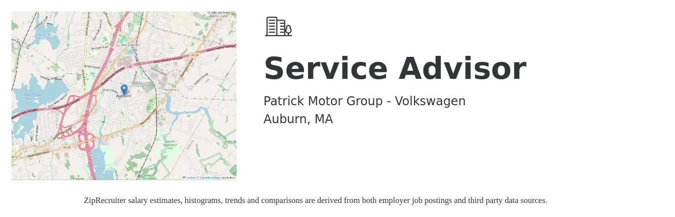 Patrick Motor Group - Volkswagen job posting for a Service Advisor in Auburn, MA with a salary of $19 to $31 Hourly with a map of Auburn location.