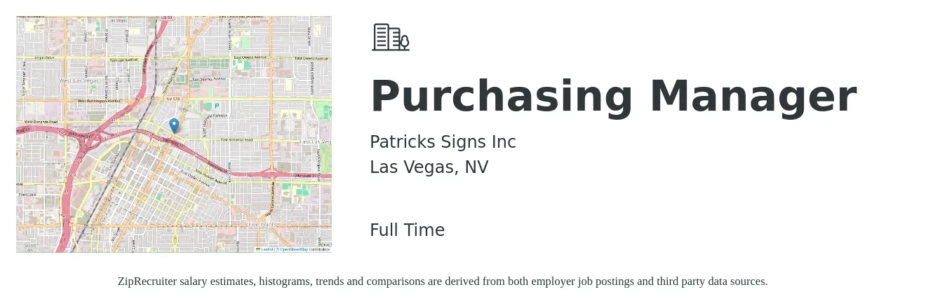 Patricks Signs Inc job posting for a Purchasing Manager in Las Vegas, NV with a salary of $62,600 to $96,200 Yearly with a map of Las Vegas location.