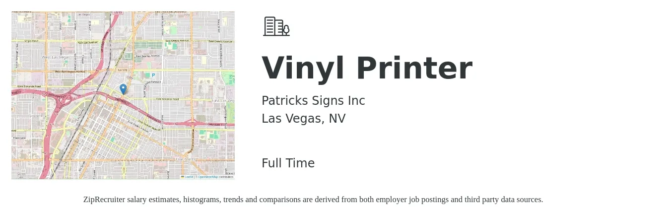 Patricks Signs Inc job posting for a Vinyl Printer in Las Vegas, NV with a salary of $16 to $19 Hourly with a map of Las Vegas location.