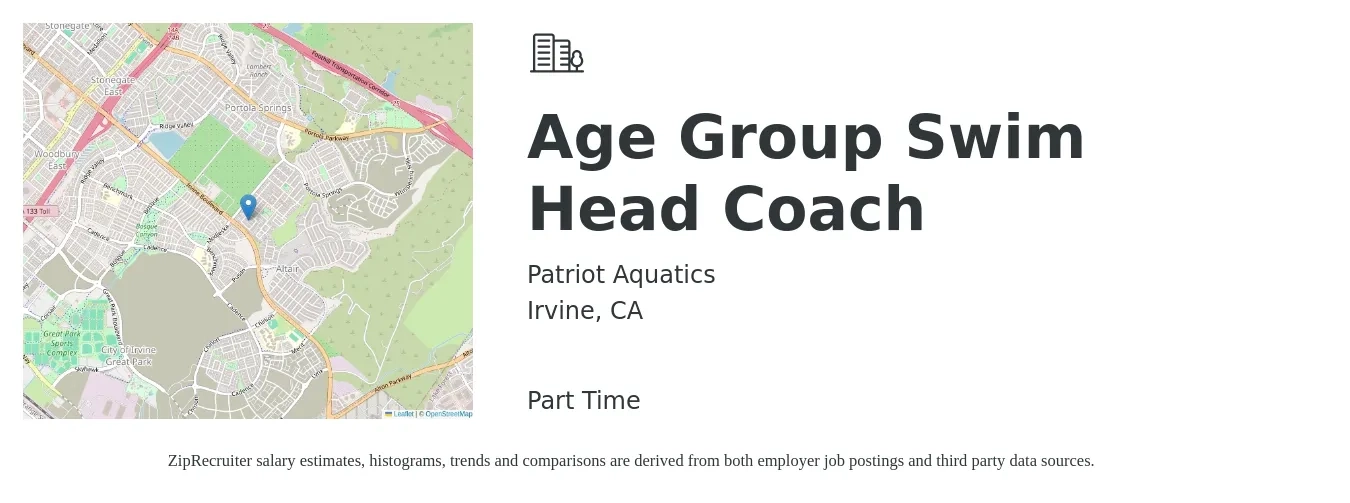 Patriot Aquatics job posting for a Age Group Swim Head Coach in Irvine, CA with a salary of $2,800 Monthly and benefits including retirement with a map of Irvine location.