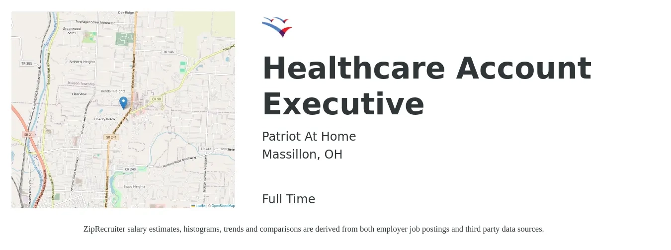 Patriot At Home job posting for a Healthcare Account Executive in Massillon, OH with a salary of $49,300 to $86,700 Yearly with a map of Massillon location.