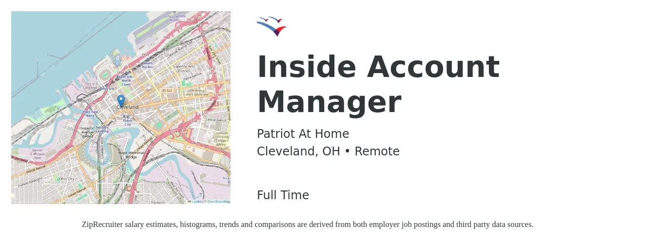Patriot At Home job posting for a Inside Account Manager in Cleveland, OH with a salary of $45,500 to $63,400 Yearly with a map of Cleveland location.