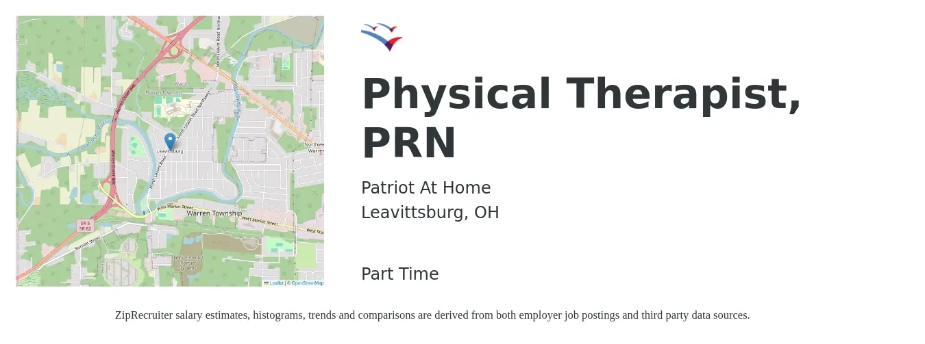 Patriot At Home job posting for a Physical Therapist, PRN in Leavittsburg, OH with a salary of $1,390 to $1,800 Weekly with a map of Leavittsburg location.