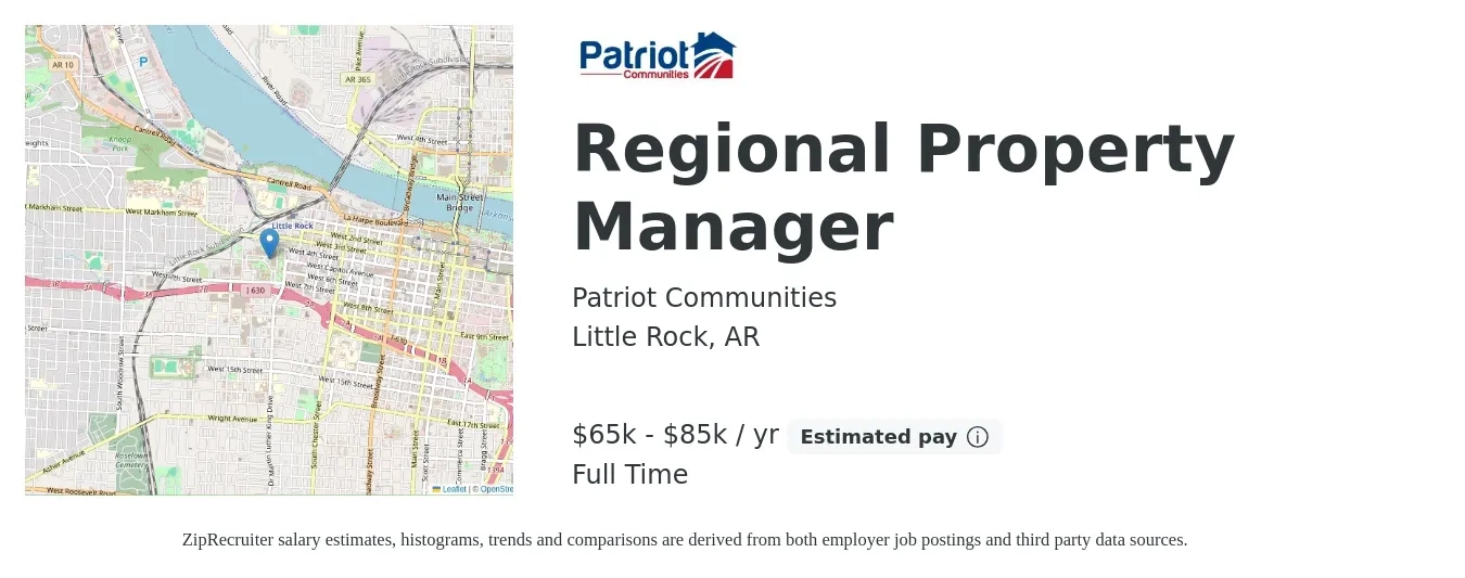 Patriot Communities job posting for a Regional Property Manager in Little Rock, AR with a salary of $65,000 to $85,000 Yearly with a map of Little Rock location.