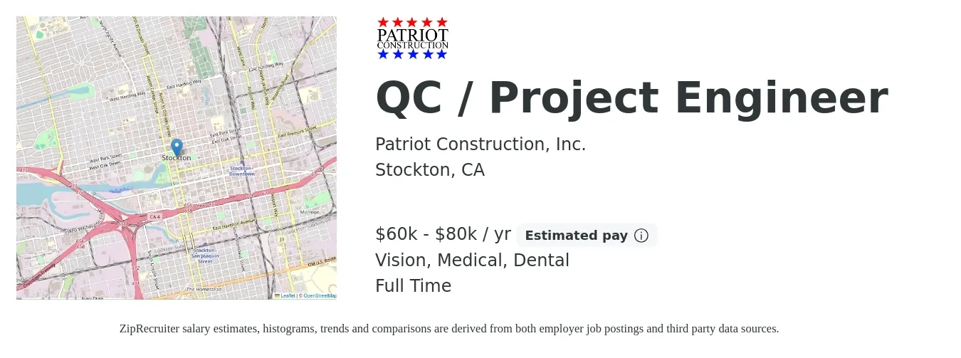 Patriot Construction, Inc. job posting for a QC / Project Engineer in Stockton, CA with a salary of $60,000 to $80,000 Yearly and benefits including life_insurance, medical, retirement, vision, and dental with a map of Stockton location.
