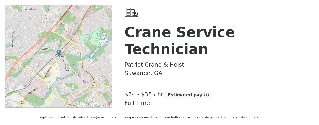 Patriot Crane & Hoist job posting for a Crane Service Technician in Suwanee, GA with a salary of $25 to $40 Hourly with a map of Suwanee location.