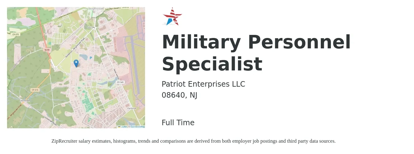 Patriot Enterprises LLC job posting for a Military Personnel Specialist in 08640, NJ with a salary of $52,200 to $87,700 Yearly with a map of 08640 location.