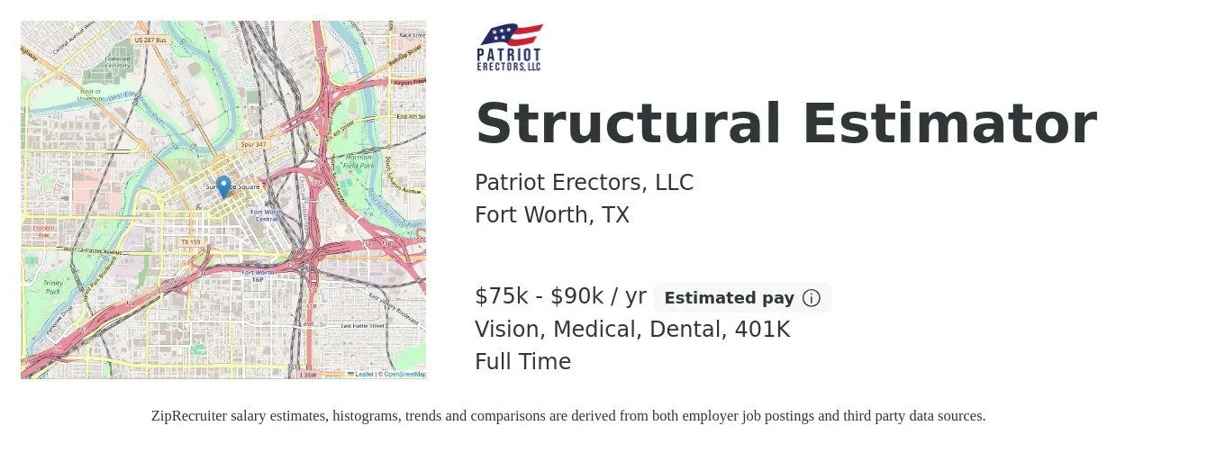 Patriot Erectors, LLC job posting for a Structural Estimator in Fort Worth, TX with a salary of $75,000 to $90,000 Yearly and benefits including 401k, dental, life_insurance, medical, and vision with a map of Fort Worth location.