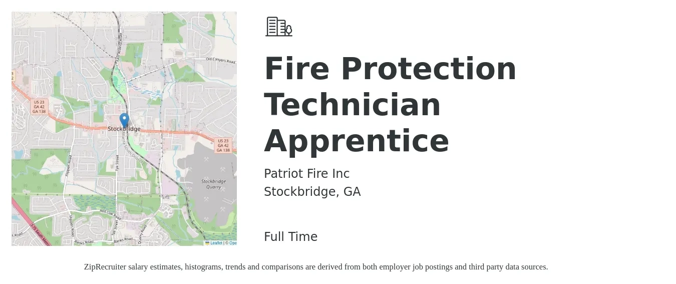 Patriot Fire Inc job posting for a Fire Protection Technician Apprentice in Stockbridge, GA with a salary of $14 to $18 Hourly with a map of Stockbridge location.