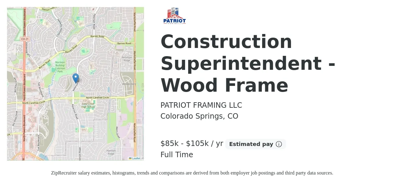 PATRIOT FRAMING LLC job posting for a Construction Superintendent - Wood Frame in Colorado Springs, CO with a salary of $85,000 to $105,000 Yearly (plus commission) with a map of Colorado Springs location.