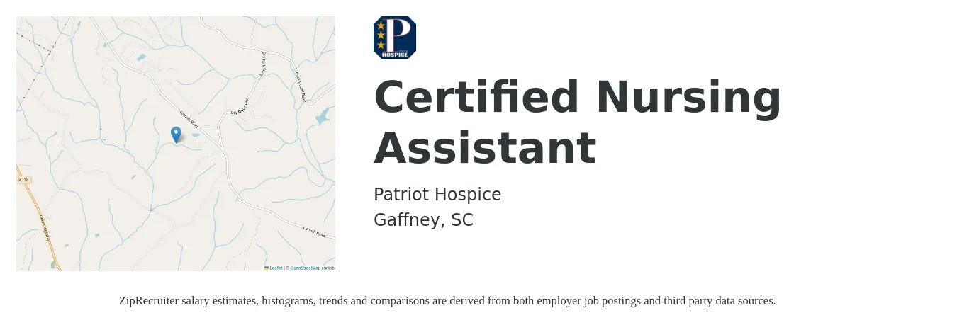Patriot Hospice job posting for a Certified Nursing Assistant in Gaffney, SC with a salary of $16 to $22 Hourly with a map of Gaffney location.