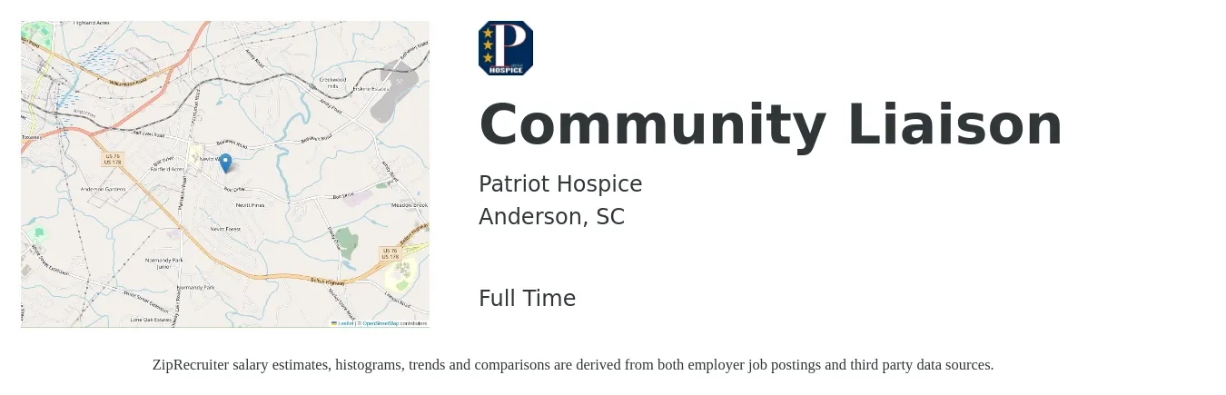 Patriot Hospice job posting for a Community Liaison in Anderson, SC with a salary of $18 to $28 Hourly with a map of Anderson location.
