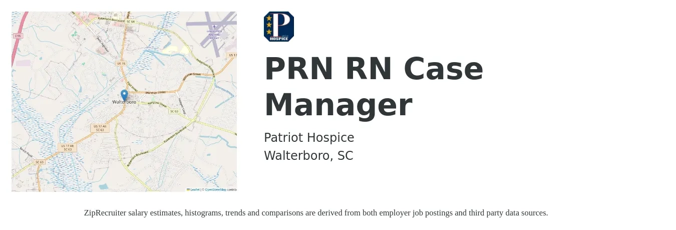 Patriot Hospice job posting for a PRN RN Case Manager in Walterboro, SC with a salary of $31 to $51 Hourly with a map of Walterboro location.