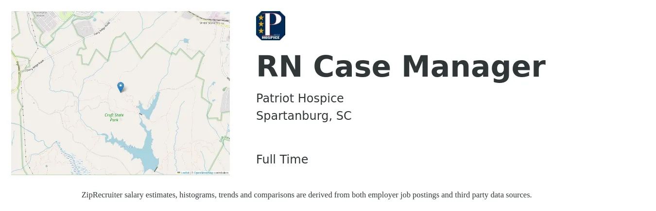 Patriot Hospice job posting for a RN Case Manager in Spartanburg, SC with a salary of $36 to $58 Hourly with a map of Spartanburg location.