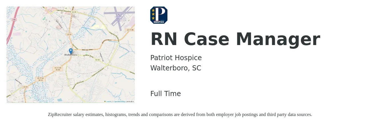 Patriot Hospice job posting for a RN Case Manager in Walterboro, SC with a salary of $31 to $51 Hourly with a map of Walterboro location.