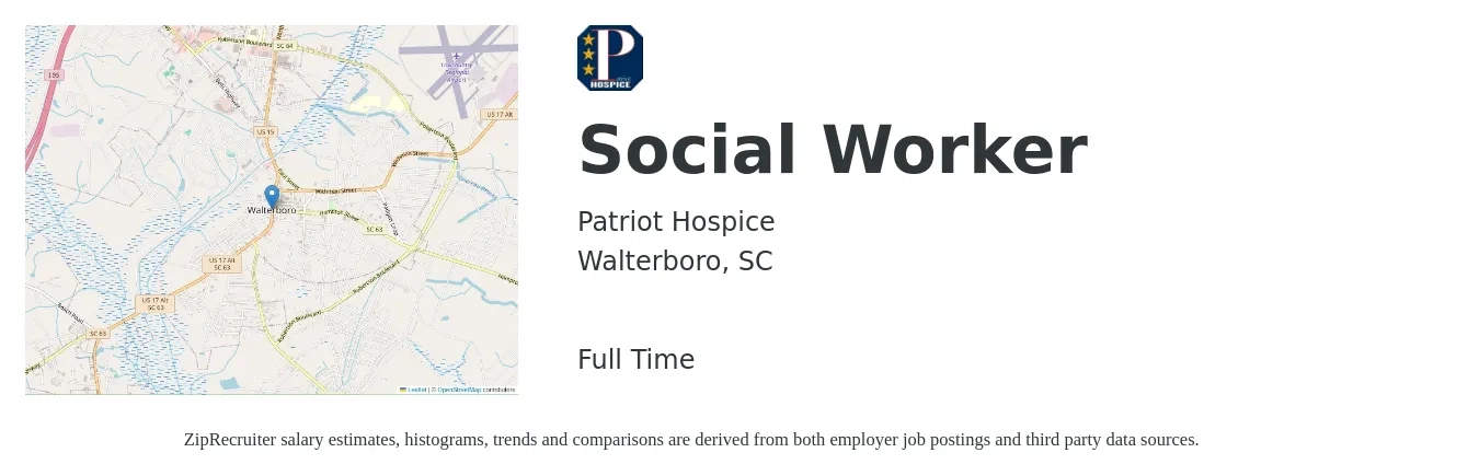 Patriot Hospice job posting for a Social Worker in Walterboro, SC with a salary of $50,100 to $77,800 Yearly with a map of Walterboro location.