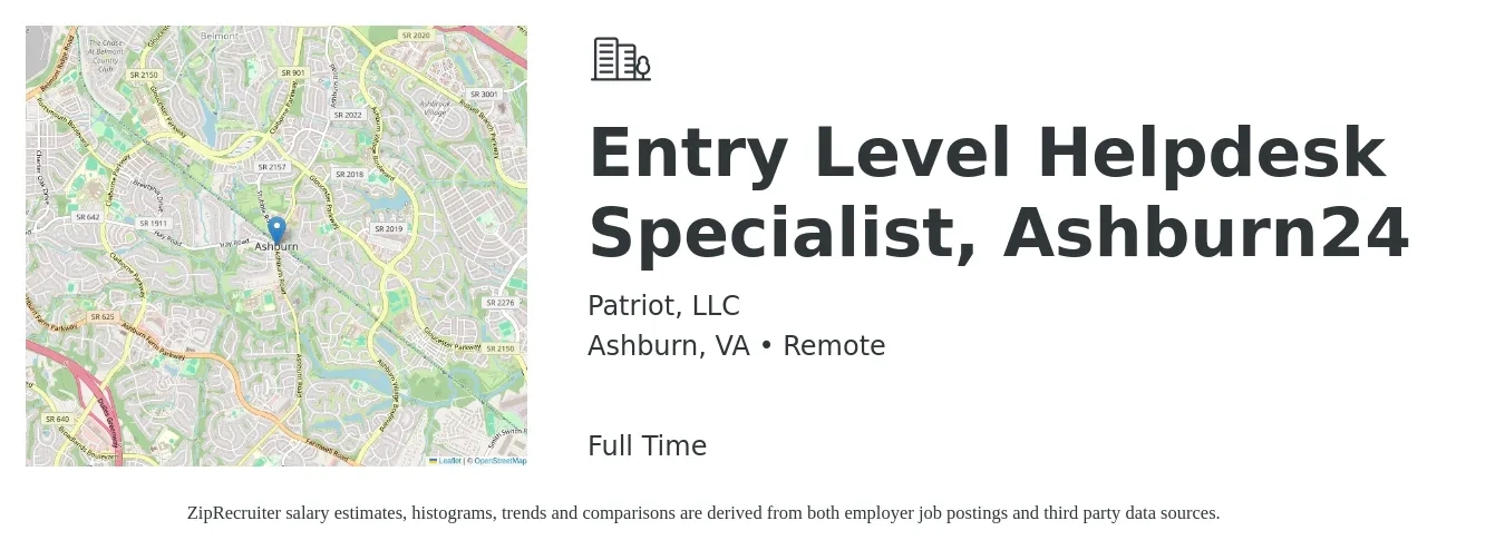 Patriot, LLC job posting for a Entry Level Helpdesk Specialist, Ashburn24 in Ashburn, VA with a salary of $22 to $31 Hourly with a map of Ashburn location.
