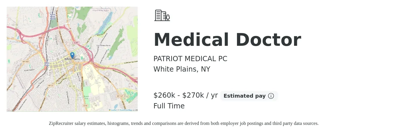 PATRIOT MEDICAL PC job posting for a Medical Doctor in White Plains, NY with a salary of $260,000 to $270,000 Yearly with a map of White Plains location.