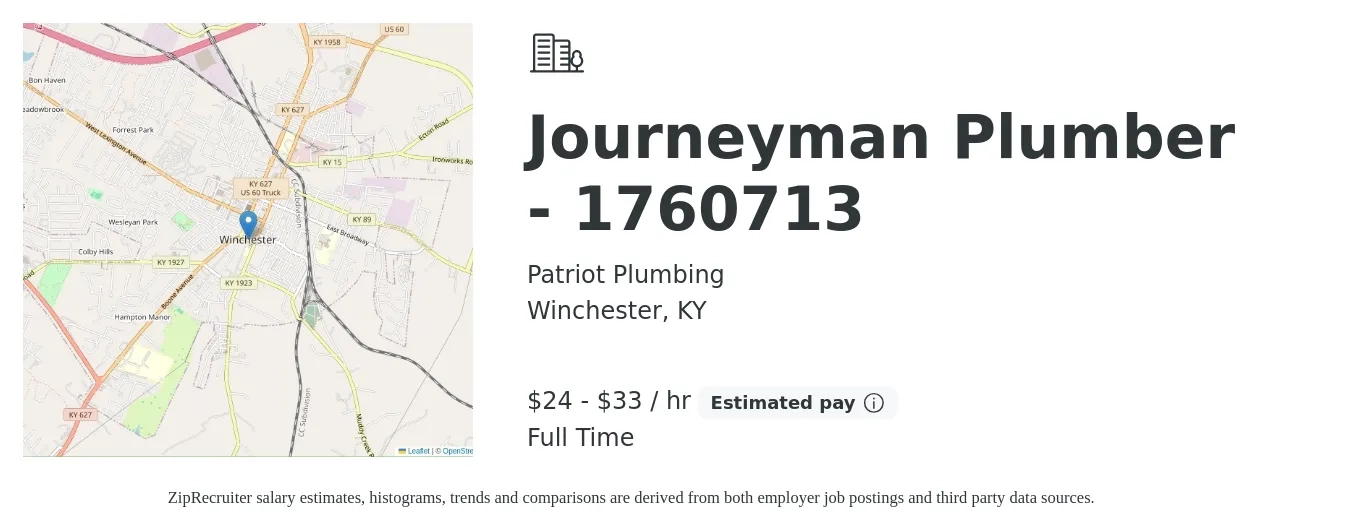 Patriot Plumbing job posting for a Journeyman Plumber - 1760713 in Winchester, KY with a salary of $25 to $35 Hourly with a map of Winchester location.