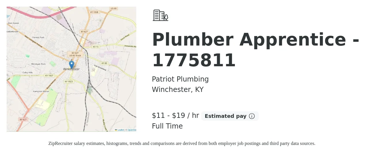 Patriot Plumbing job posting for a Plumber Apprentice - 1775811 in Winchester, KY with a salary of $12 to $20 Hourly with a map of Winchester location.