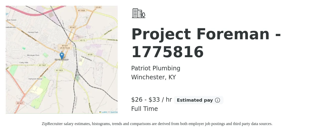 Patriot Plumbing job posting for a Project Foreman - 1775816 in Winchester, KY with a salary of $28 to $35 Hourly with a map of Winchester location.