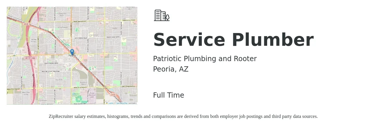 Patriotic Plumbing and Rooter job posting for a Service Plumber in Peoria, AZ with a salary of $5,000 to $20,000 Monthly with a map of Peoria location.