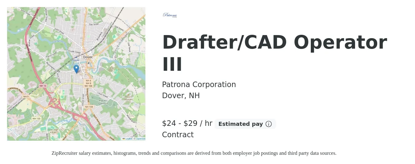 Patrona Corporation job posting for a Drafter/CAD Operator III in Dover, NH with a salary of $25 to $31 Hourly with a map of Dover location.