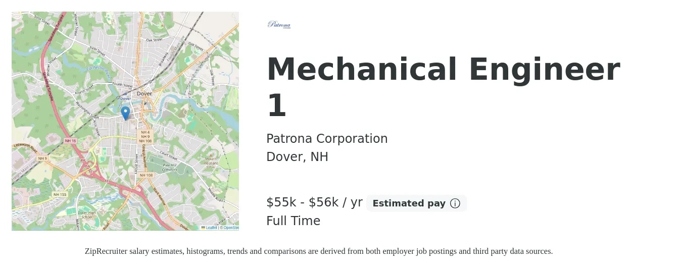Patrona job posting for a Mechanical Engineer 1 in Dover, NH with a salary of $83,200 to $129,100 Yearly with a map of Dover location.