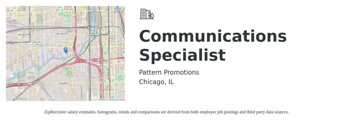 Pattern Promotions job posting for a Communications Specialist in Chicago, IL with a salary of $1,160 to $1,380 Weekly with a map of Chicago location.