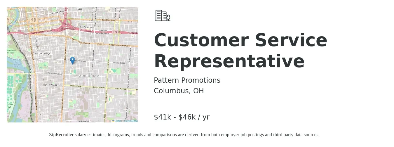 Pattern Promotions job posting for a Customer Service Representative in Columbus, OH with a salary of $41,250 to $46,530 Yearly with a map of Columbus location.