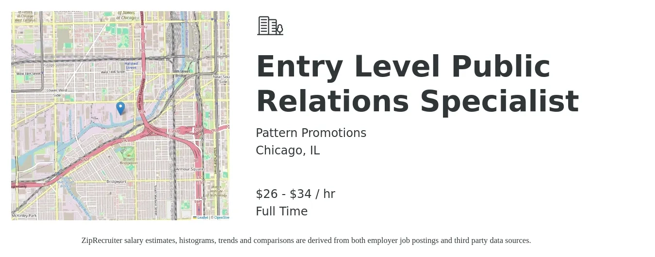Pattern Promotions job posting for a Entry Level Public Relations Specialist in Chicago, IL with a salary of $28 to $36 Hourly with a map of Chicago location.