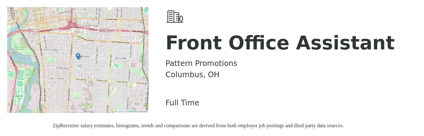 Pattern Promotions job posting for a Front Office Assistant in Columbus, OH with a salary of $3,800 to $4,350 Monthly with a map of Columbus location.