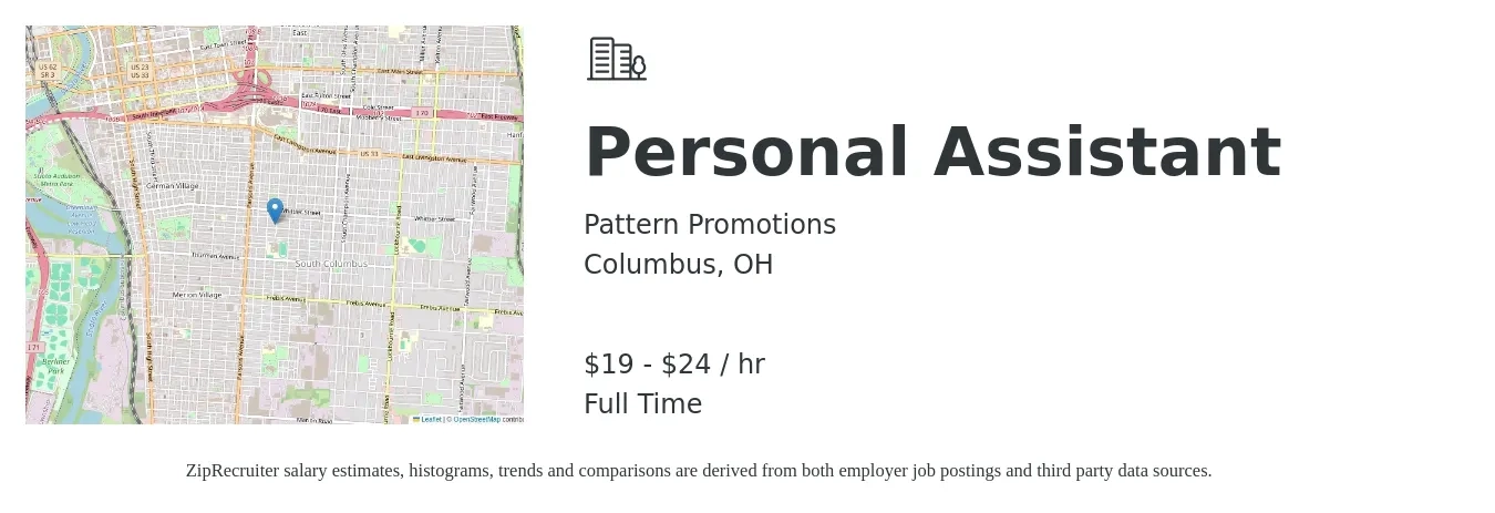 Pattern Promotions job posting for a Personal Assistant in Columbus, OH with a salary of $20 to $26 Hourly with a map of Columbus location.