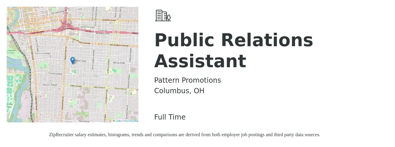 Pattern Promotions job posting for a Public Relations Assistant in Columbus, OH with a salary of $4,120 to $5,200 Monthly with a map of Columbus location.