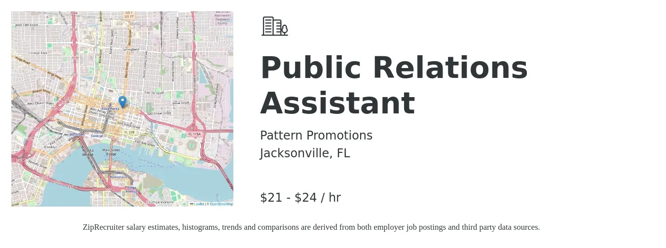Pattern Promotions job posting for a Public Relations Assistant in Jacksonville, FL with a salary of $22 to $25 Hourly with a map of Jacksonville location.