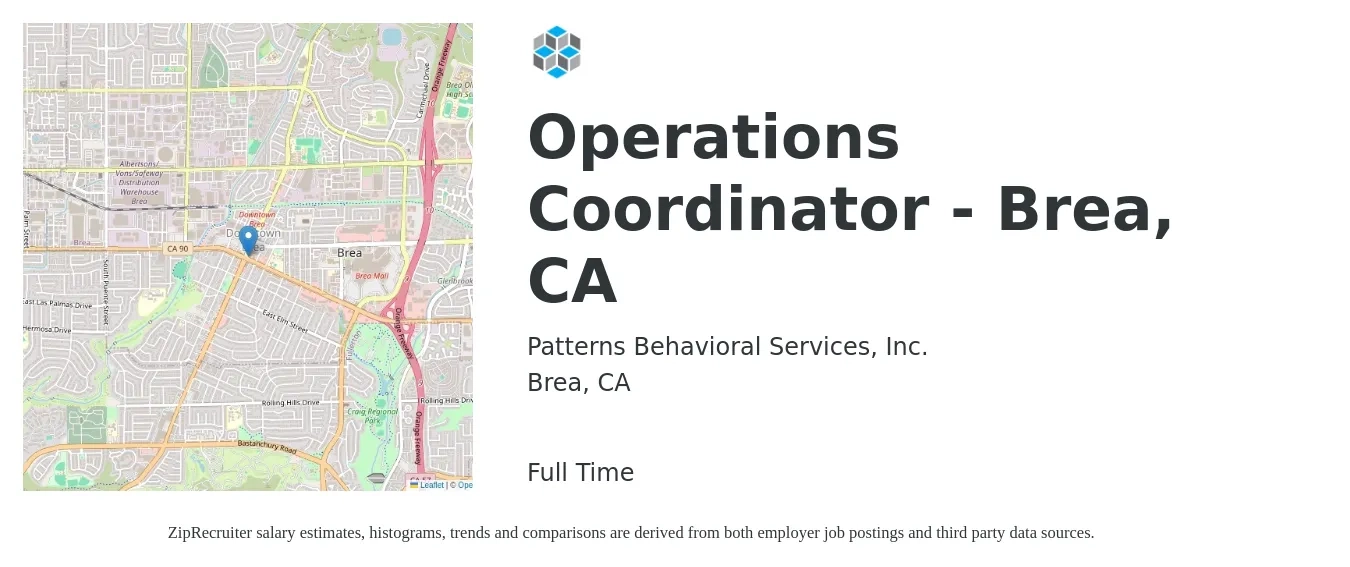 Patterns Behavioral Services, Inc. job posting for a Operations Coordinator - Brea, CA in Brea, CA with a salary of $22 to $30 Hourly with a map of Brea location.