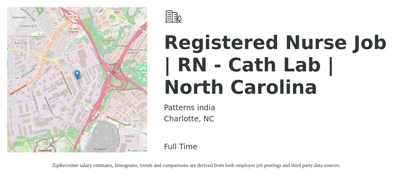 Patterns india job posting for a Registered Nurse Job | RN - Cath Lab | North Carolina in Charlotte, NC with a salary of $2,290 to $3,180 Weekly with a map of Charlotte location.