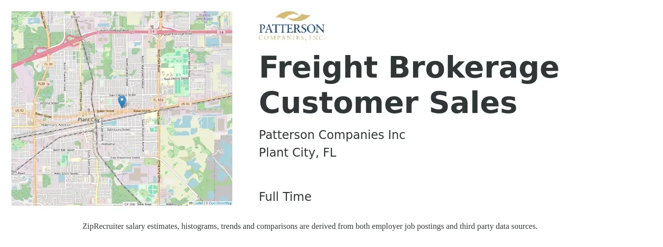 Patterson Companies Inc job posting for a Freight Brokerage Customer Sales in Plant City, FL with a salary of $48,700 to $87,100 Yearly with a map of Plant City location.