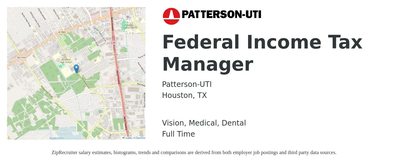 Patterson-UTI job posting for a Federal Income Tax Manager in Houston, TX with a salary of $106,000 to $138,900 Yearly and benefits including vision, dental, life_insurance, medical, and retirement with a map of Houston location.