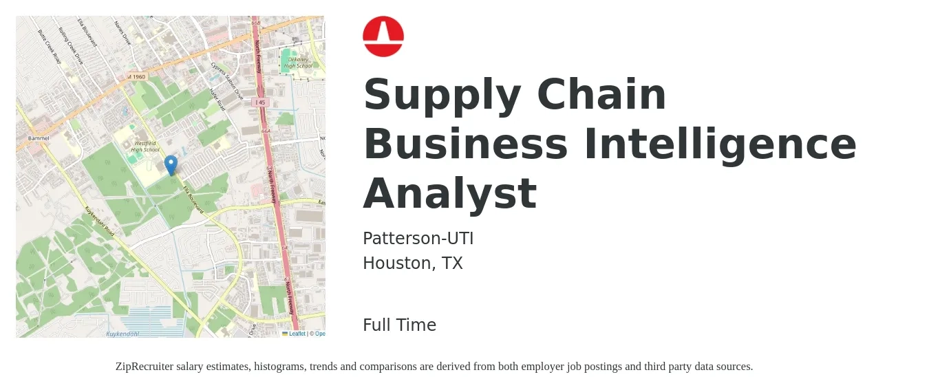 Patterson-UTI job posting for a Supply Chain Business Intelligence Analyst in Houston, TX with a salary of $59,700 to $110,700 Yearly with a map of Houston location.