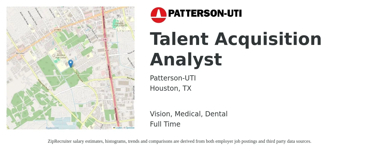 Patterson-UTI job posting for a Talent Acquisition Analyst in Houston, TX with a salary of $29 to $40 Hourly with a map of Houston location.