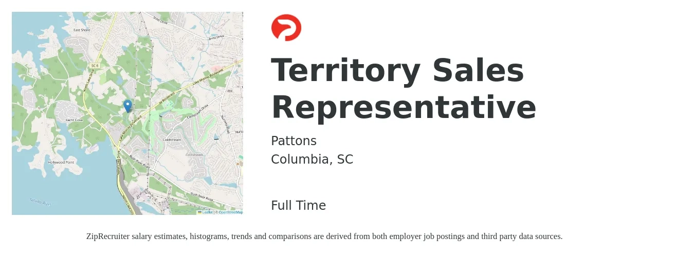 Pattons job posting for a Territory Sales Representative in Columbia, SC with a salary of $46,300 to $76,800 Yearly with a map of Columbia location.
