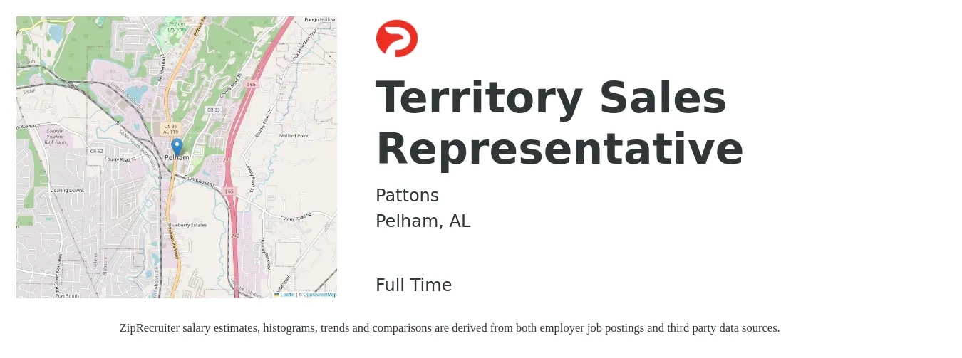Pattons job posting for a Territory Sales Representative in Pelham, AL with a salary of $45,900 to $76,200 Yearly with a map of Pelham location.