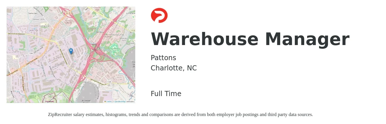 Pattons job posting for a Warehouse Manager in Charlotte, NC with a salary of $43,800 to $62,100 Yearly with a map of Charlotte location.