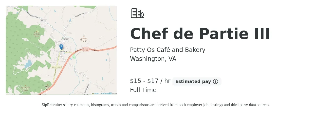 Patty Os Café and Bakery job posting for a Chef de Partie III in Washington, VA with a salary of $16 to $18 Hourly with a map of Washington location.