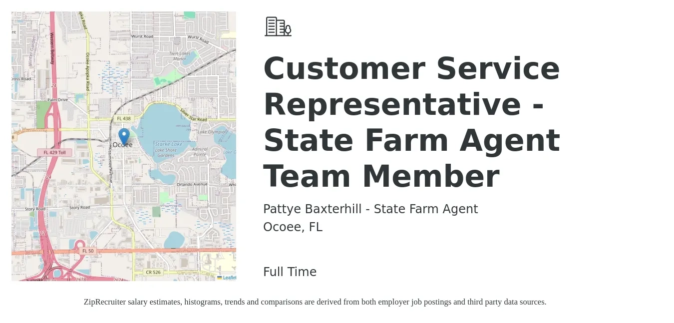 Pattye Baxterhill - State Farm Agent job posting for a Customer Service Representative - State Farm Agent Team Member in Ocoee, FL with a salary of $14 to $19 Hourly with a map of Ocoee location.