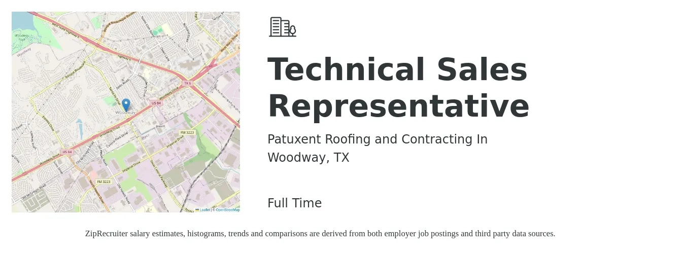 Patuxent Roofing and Contracting In job posting for a Technical Sales Representative in Woodway, TX with a salary of $56,400 to $81,000 Yearly with a map of Woodway location.