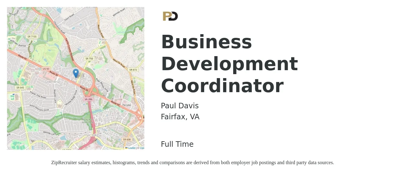 Paul Davis job posting for a Business Development Coordinator in Fairfax, VA with a salary of $50,000 to $70,000 Yearly with a map of Fairfax location.