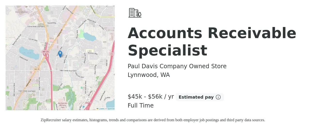 Paul Davis Company Owned Store job posting for a Accounts Receivable Specialist in Lynnwood, WA with a salary of $45,000 to $56,000 Yearly with a map of Lynnwood location.