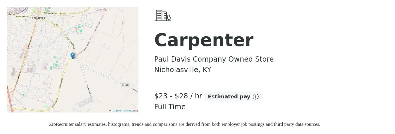 Paul Davis Company Owned Store job posting for a Carpenter in Nicholasville, KY with a salary of $24 to $30 Hourly with a map of Nicholasville location.